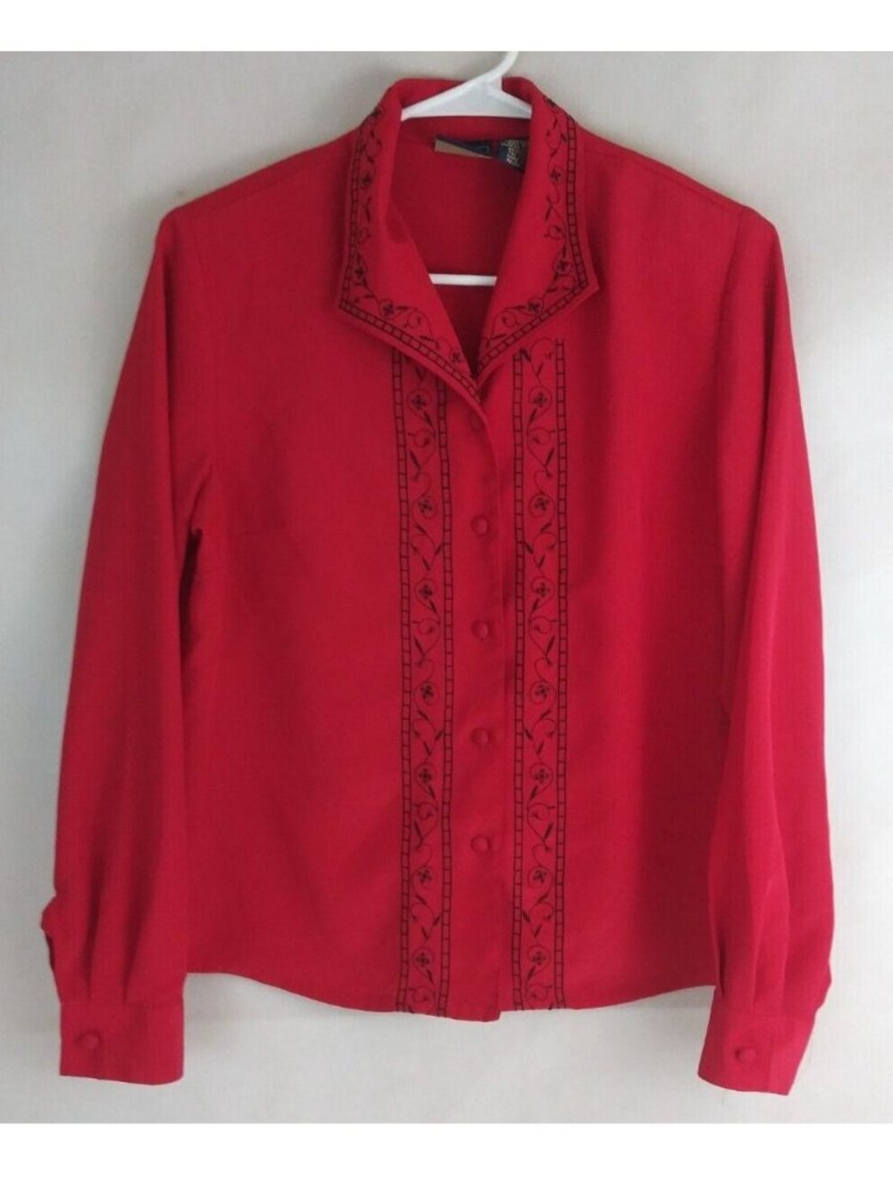 Laura Scott Petite Women's Red & Black Button-Up Floral Embroidered Blouse 8P